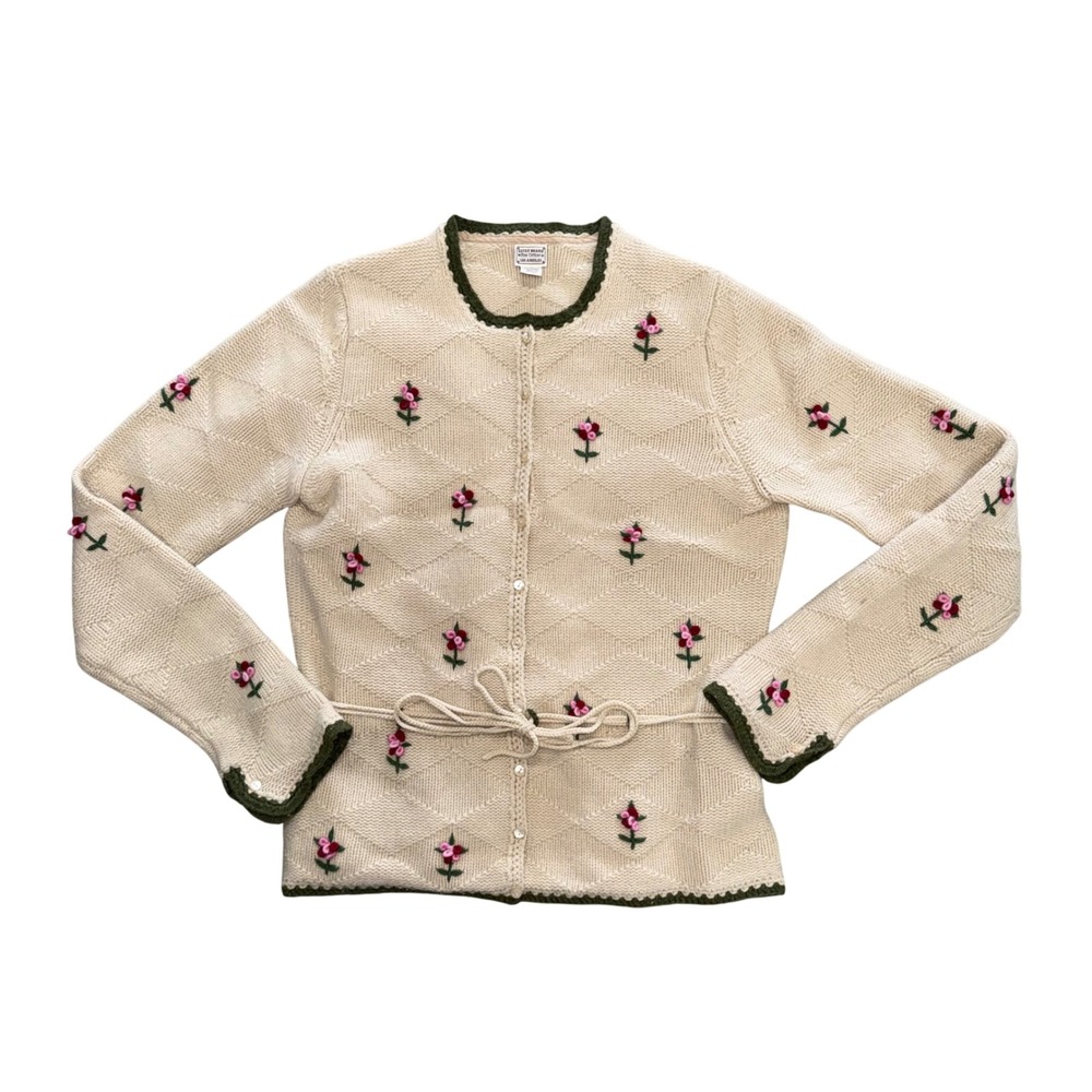 Lucky Brand Cardigan Women XL Cream Excellent Floral Embroidered Lambswool Tie